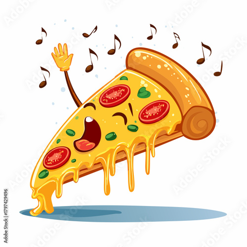 A dramatic slice of pizza is performing an opera, its cheese stretching into long, theatrical notes.
