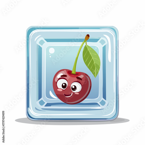 A bewildered cherry is trapped inside an empty ice cube tray, looking out with comical resignation.