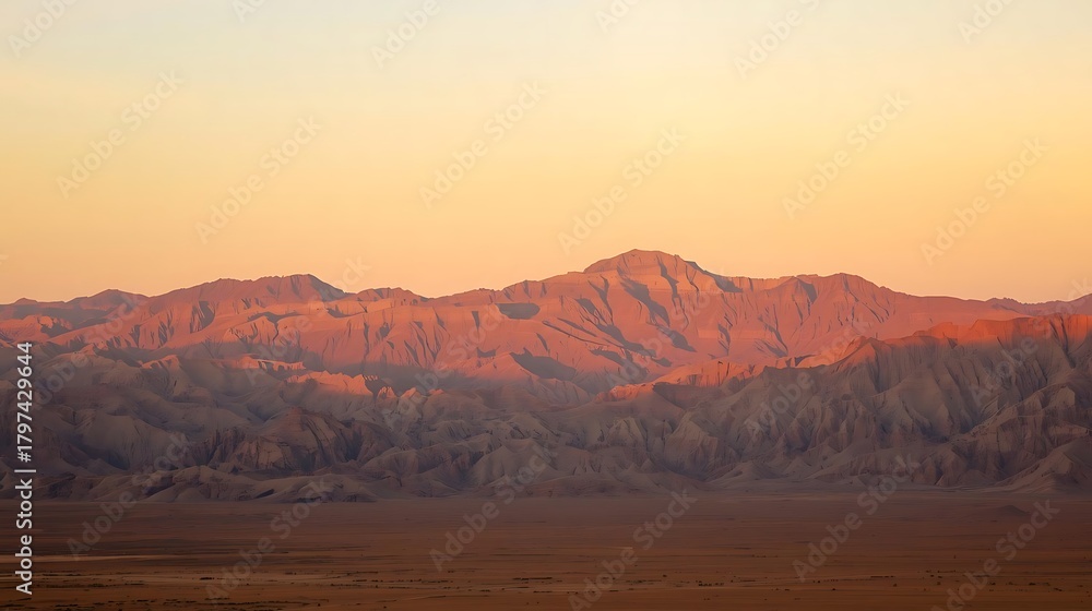 Naklejka premium Majestic mountain range bathed in warm golden hour sunlight