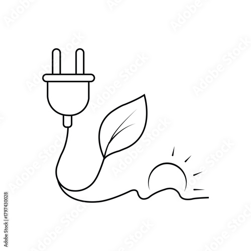 Electric plug. Vector of leaf and sub icon, or Eco energy plug line art with leaf and sun symbol. Vector illustration.