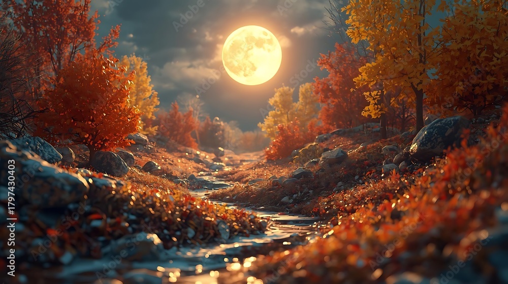Fototapeta premium Autumn forest stream under a luminous full moon