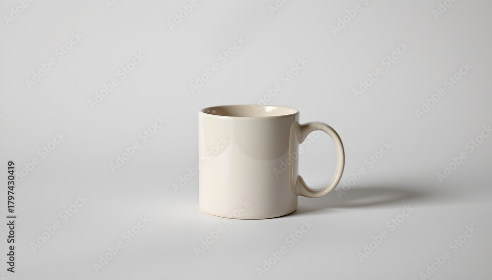 Obraz premium A single ceramic mug placed centrally against a neutral background. The mug is positioned on a light surface that allows for its shadow to be cast behind it