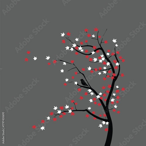 maple stylized tree with falling leaves and perched bird silhouette