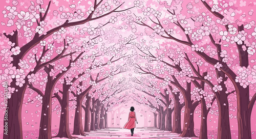 Woman walking under a canopy of cherry blossom trees in full bloom.