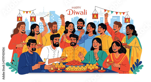 Illustration of a group of people celebrating Diwali with sweets, lamps, and decorations.