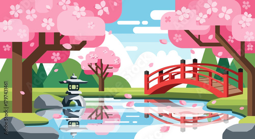 Japanese garden with cherry blossoms, red bridge, pond, and stone lantern.