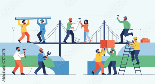 Illustration of a bridge being built by construction workers, teamwork concept.