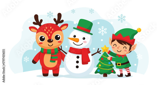 Festive Christmas scene with reindeer, snowman, and elf decorating a tree.