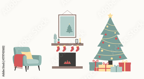 Christmas living room with tree, fireplace, armchair, and gifts.