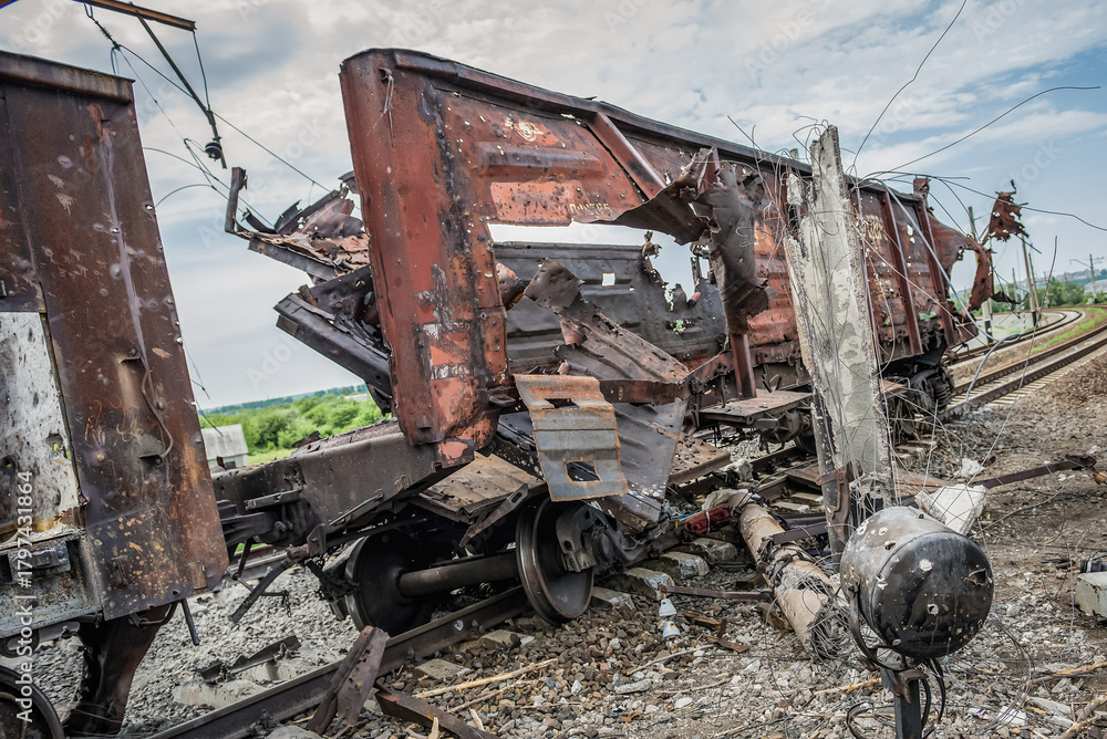 Fototapeta premium Railway cross, area of heavy fights with pro-russian separatists in Sloviansk during Russo-Ukrainian War in Donbas, Ukraine