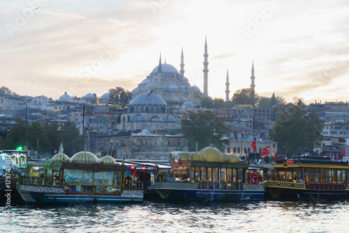 Boats on the water with a mosque in the background, Istanbul, Turkey
