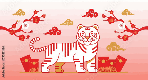 Illustration of a white tiger with red envelopes and clouds for Chinese New Year.