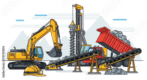 Illustration of mining equipment including an excavator, drill, and dump truck.