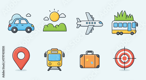 Travel icons: car, landscape, plane, bus, location, train, suitcase, target.