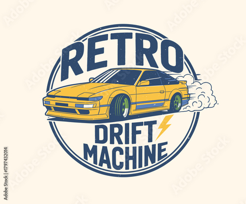 Retro Drift Car Badge Design.Vintage Racing Machine Emblem.Yellow Sports Coupe T-shirt Art.Automotive Speed Vector Logo.Classic JDM Drifting Illustrat
