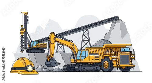 Illustration of mining equipment and a hard hat at a quarry.