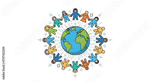 People holding hands around the world, unity and diversity concept.