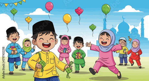 Eid al-Fitr celebration with children, balloons, and gifts in a festive atmosphere.