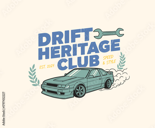 Drift Heritage Club Emblem.Vintage Drifting Car Badge.Retro Automotive T-shirt Art.JDM Speed and Style Design.Classic Coupe Racing Vector