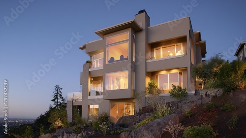 Wallpaper Mural roof. A contemporary house at dusk, glowing with warm lights for a tranquil evening ambiance. real-estate listings. Torontodigital.ca