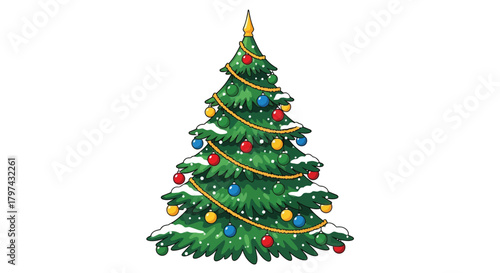 A festive cartoon christmas tree adorned with colorful ornaments and draped in snow ready for holiday celebrations