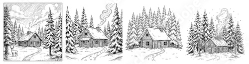 Cozy log cabin in snowy forest in line art style in black and white