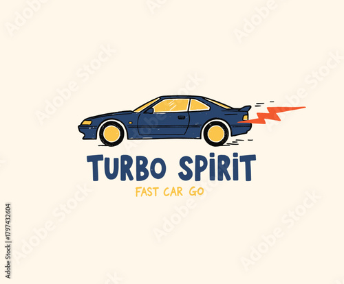 Retro Turbo Spirit Car Badge.Vintage Fast Sedan Illustration.Hand Drawn Racing Emblem.Cool Nineties Coupe Design.Speed Lightning Vector Logo