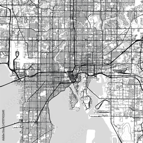 Tampa City Map a minimalist cityscape emerges from the structured urban grid drawn with precise blueprint inspired linework in a subtle monochrome style, emphasizing refined linework.