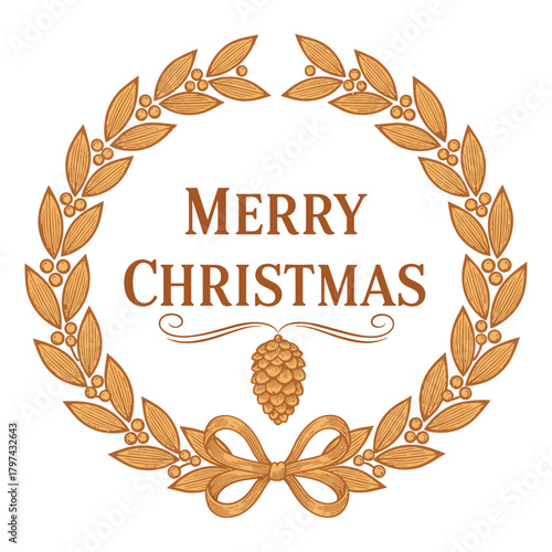 Merry Christmas text in ornate brown font with golden wreath