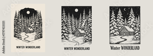 Snowy log cabin with Winter Wonderland text woodcut cards set illustrations in black and white