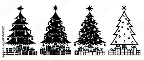 Christmas trees with gifts in bold graphic style in black and white