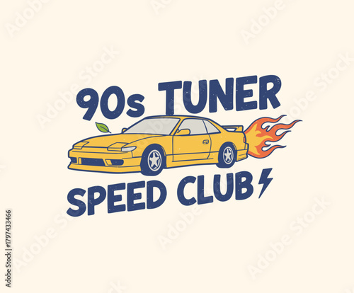 90s Tuner Speed Club Badge.Retro JDM Drift Car Graphic.Vintage Racing T-shirt Print.Yellow Coupe Motorsport Logo.Fast Street Racing Emblem
