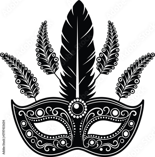 Vector graphic of a venetian carnival mask with feathers black and white eps silhouette