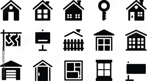 Real estate and property icon set representing housing and buildings