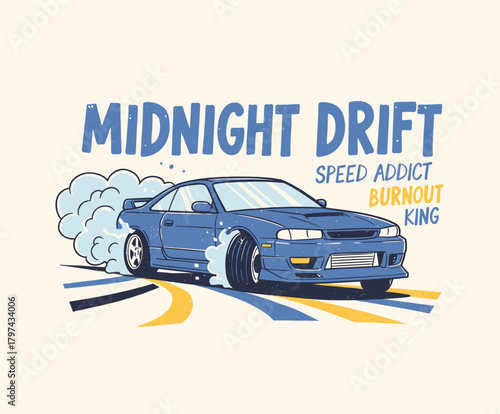Midnight Drift King Design.Retro Burnout Car Vector.Speed Addict Illustration.Sport Coupe Racing Graphic.Vintage Street Drift Art