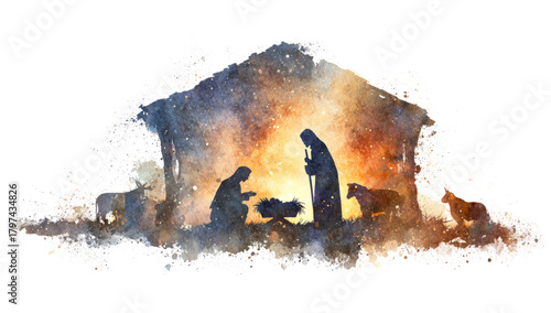 The Nativity. Silhouette of the Holy Family in the stable during the starry night
