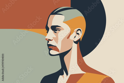 Contemplative Portrait of a Modern Individual with Abstract Shapes in Warm Earthy Tones