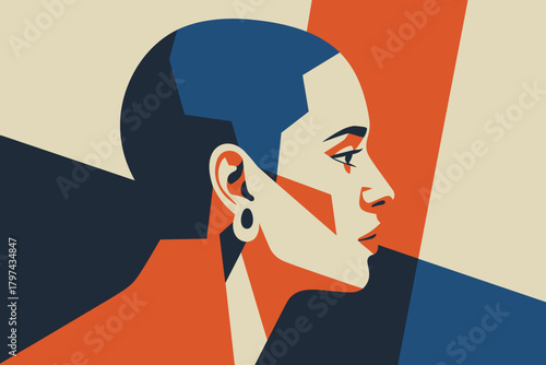 Bold Graphic Portrait of a Confident Woman in Striking Red and Blue Composition