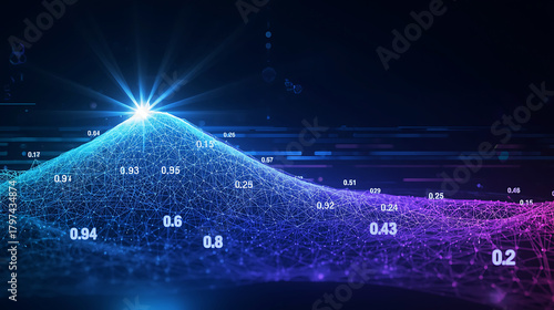 Abstract Data Visualization with Glowing Connections and Numerical Values in a Digital Landscape
