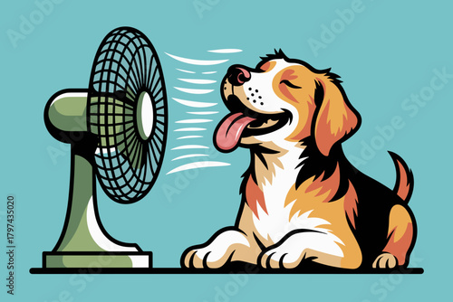 Happy Dog Enjoying a Summer Breeze from a Fan Against a Bright Blue Background