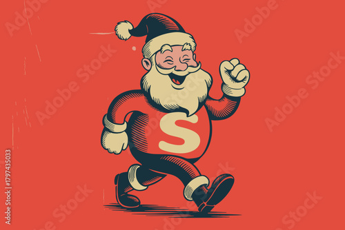 Jolly Vintage Santa Claus Cheerfully Striding with a Bright Red Background