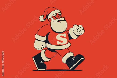 Playful Super Santa Character Striding Confidently Against a Vibrant Red Background