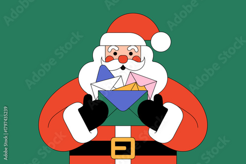 Jolly Santa Claus Holding Colorful Holiday Letters Against Festive Green Background