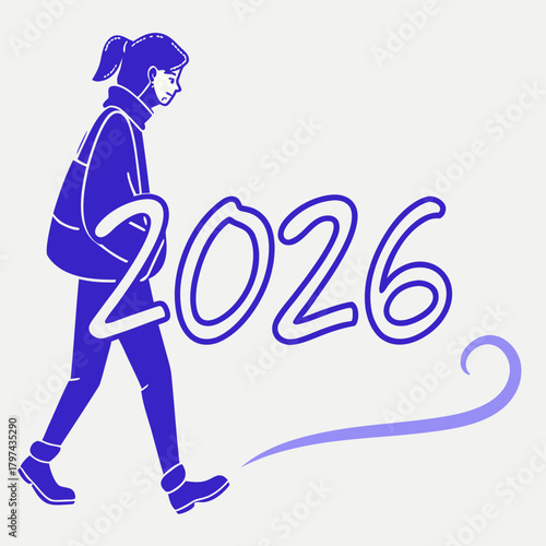 A stylized illustration of a person walking towards the year 2026, symbolizing progress, future goals, and new beginnings for the coming year