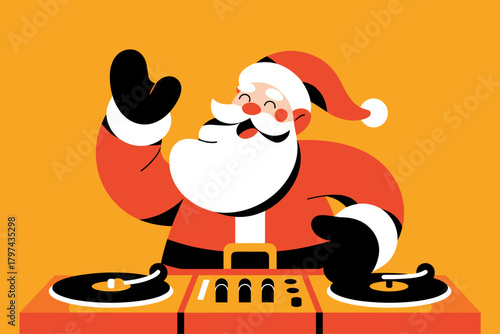 Festive DJ Santa Spinning Tracks in Bright Orange Background with Joyful Vibes