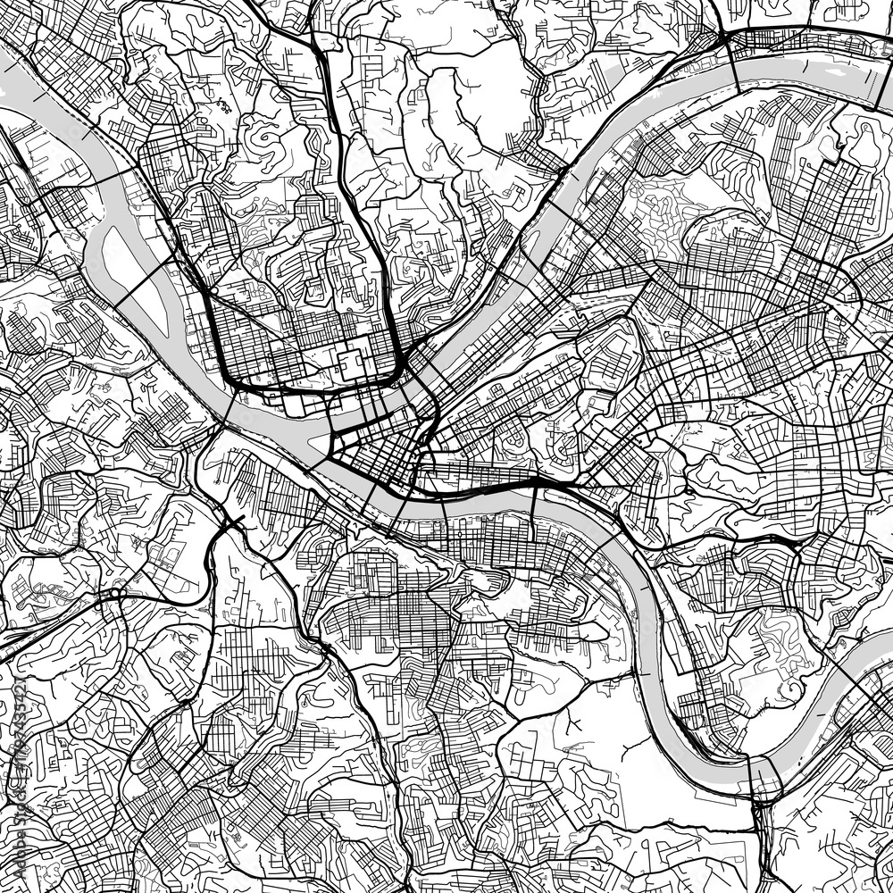 Naklejka premium Pittsburgh City Map a precise urban plan emerges from the stark contrast of black on white revealing the s underlying structure through a minimalist lens, emphasizing refined linework.