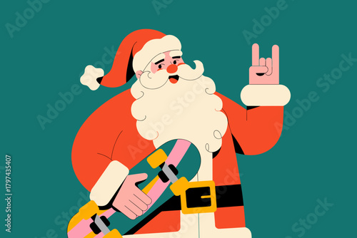 Trendy Santa Claus Rocking a Skateboard with a Cheerful Gesture in Colorful Holiday Vibes