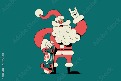 Cool Santa Claus with Skateboard Rocking the Holiday Spirit in Vibrant Retro Colors