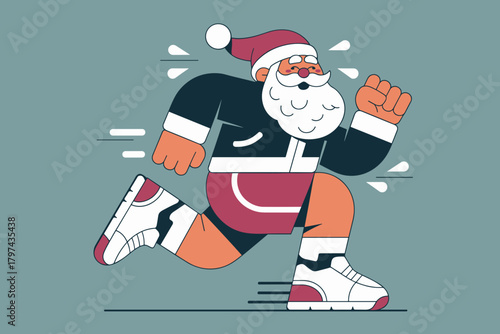 Energetic Santa Claus in Sportswear Sprinting with a Jolly Smile Against a Cool Blue Background