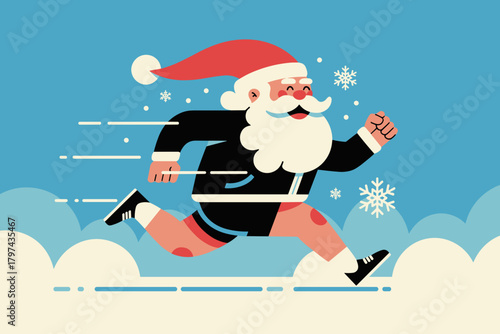 Jolly Santa Claus Sprinting Through a Winter Wonderland with Snowflakes Against a Bright Blue Sky